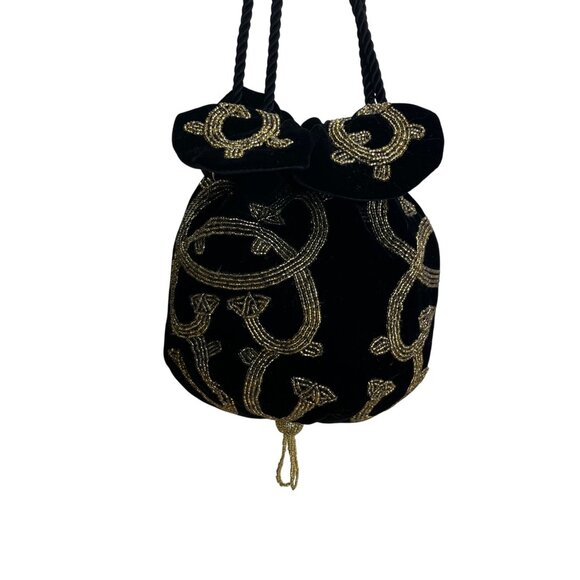 Black Velvet Drawstring Pouch Bag With Gold Beaded Design & Braided Shoulder Str - Picture 1 of 9